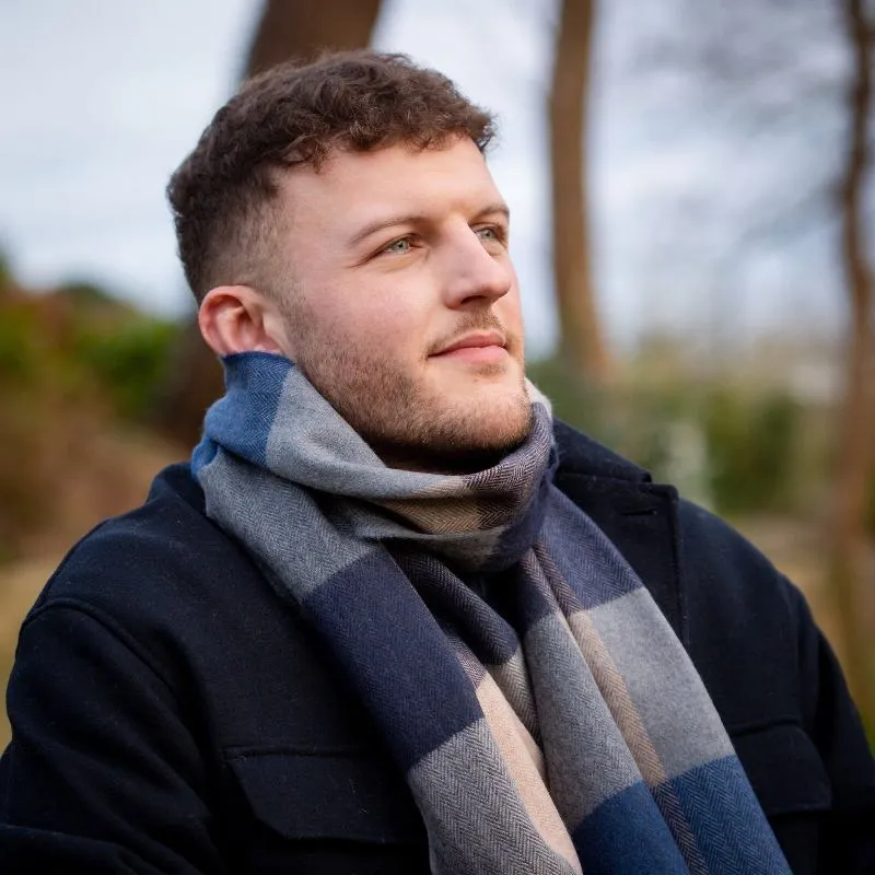 Fine Merino Scarf - Blue and Biscuit Plaid - John Hanly