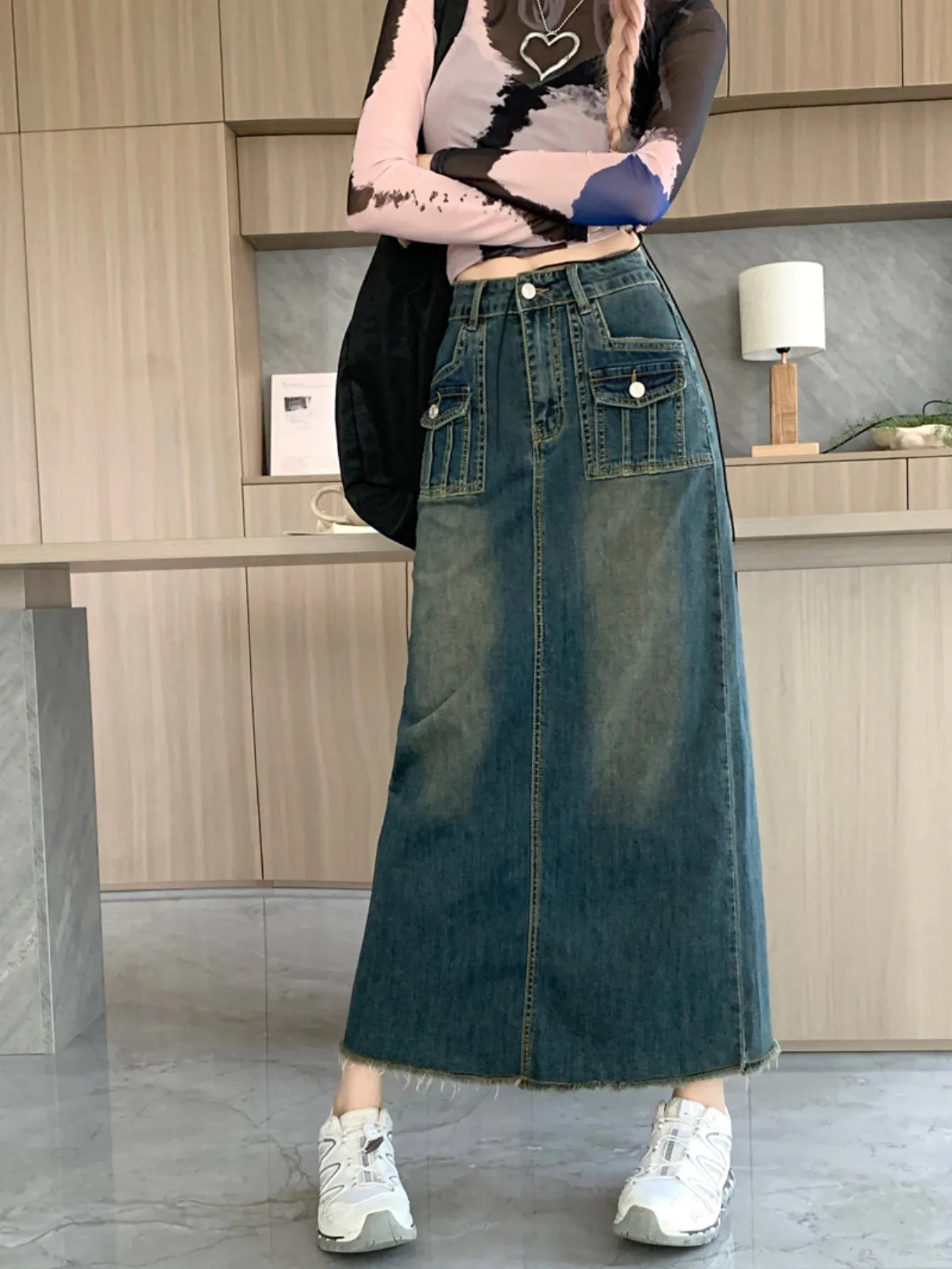 Flap Pocket Raw Hem Distressed Washed Denim Skirt, Retro Slash Pocket Maxi Denim Skirt, Women's Denim Jeans & Clothing