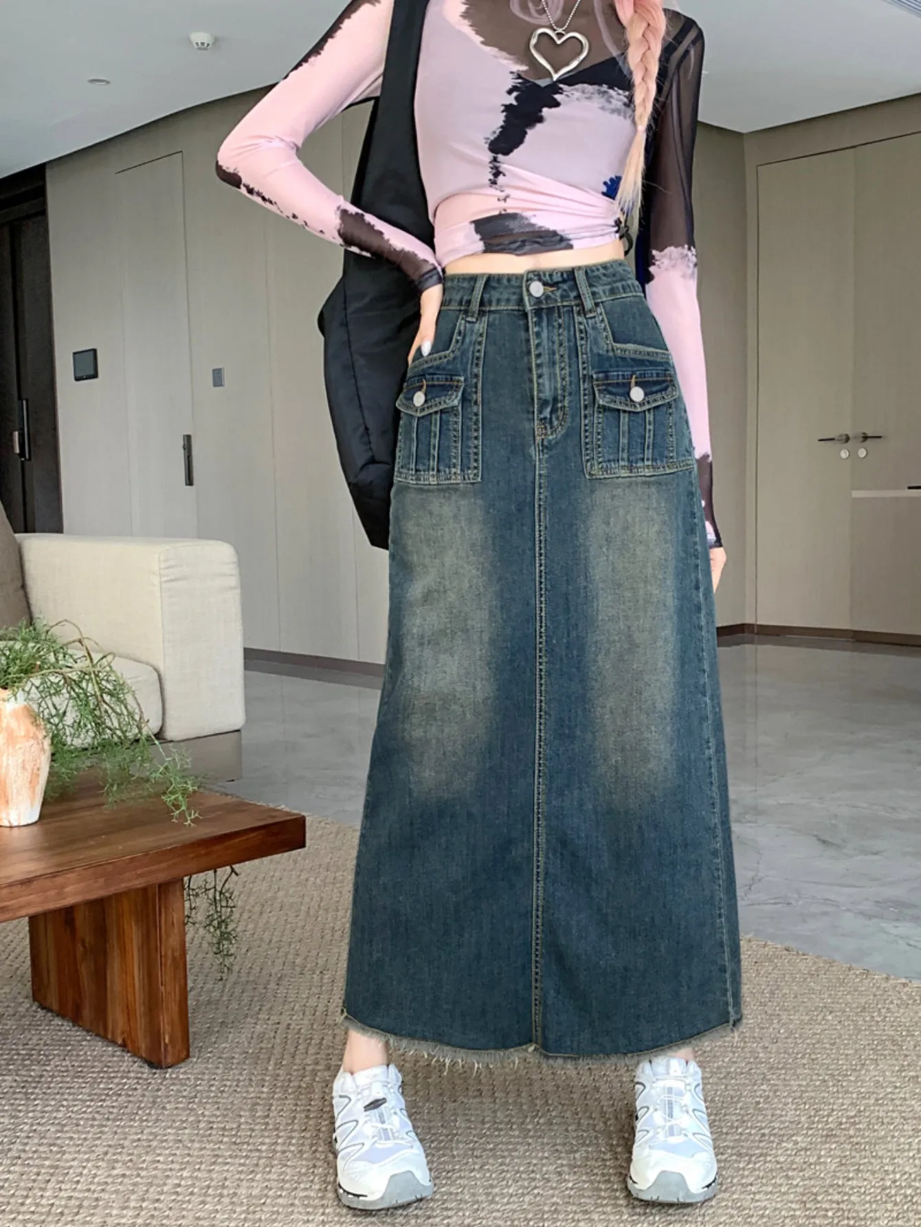 Flap Pocket Raw Hem Distressed Washed Denim Skirt, Retro Slash Pocket Maxi Denim Skirt, Women's Denim Jeans & Clothing