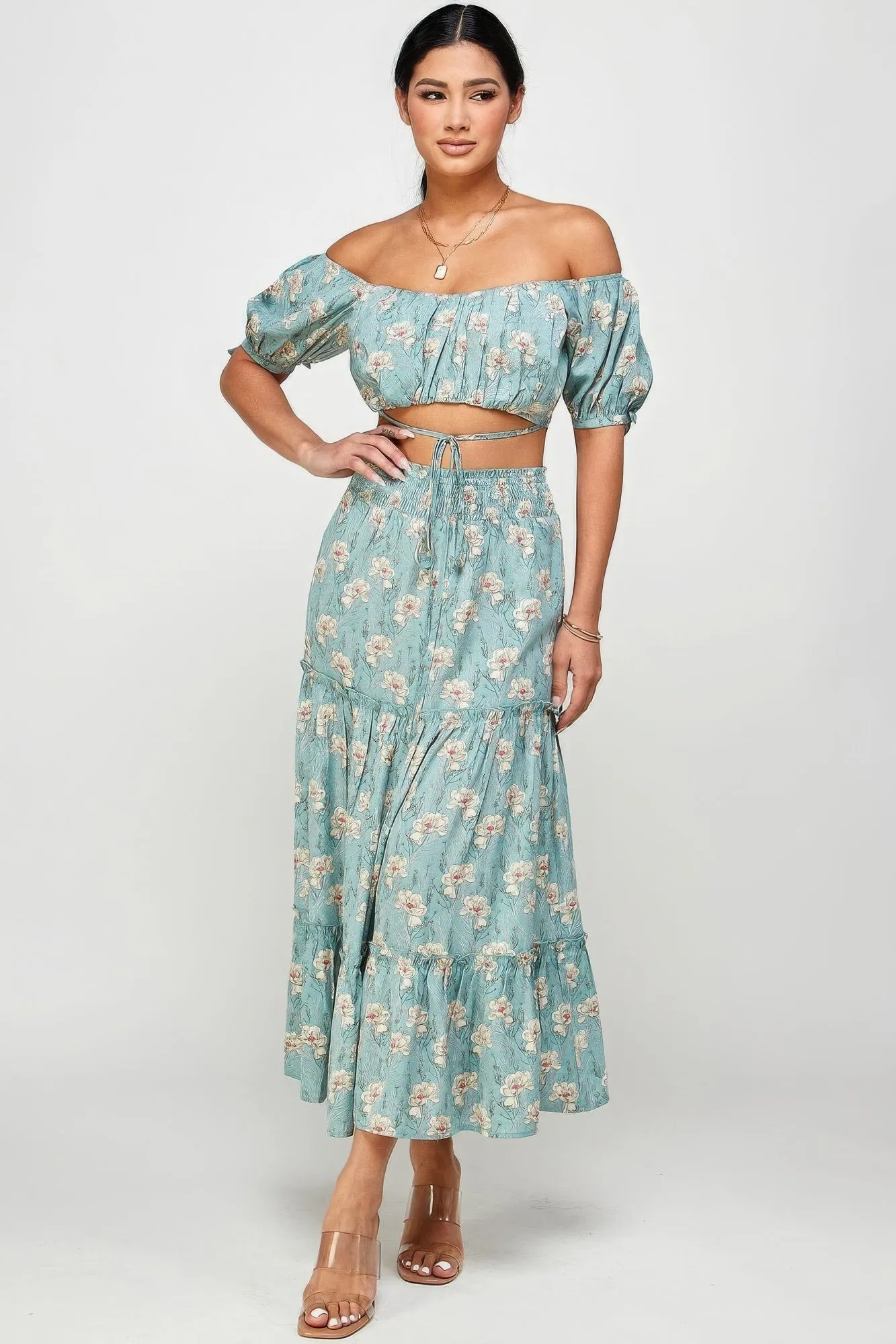 Floral Off Shoulder Sleeve Back Tie Top Skirt Outfit Set