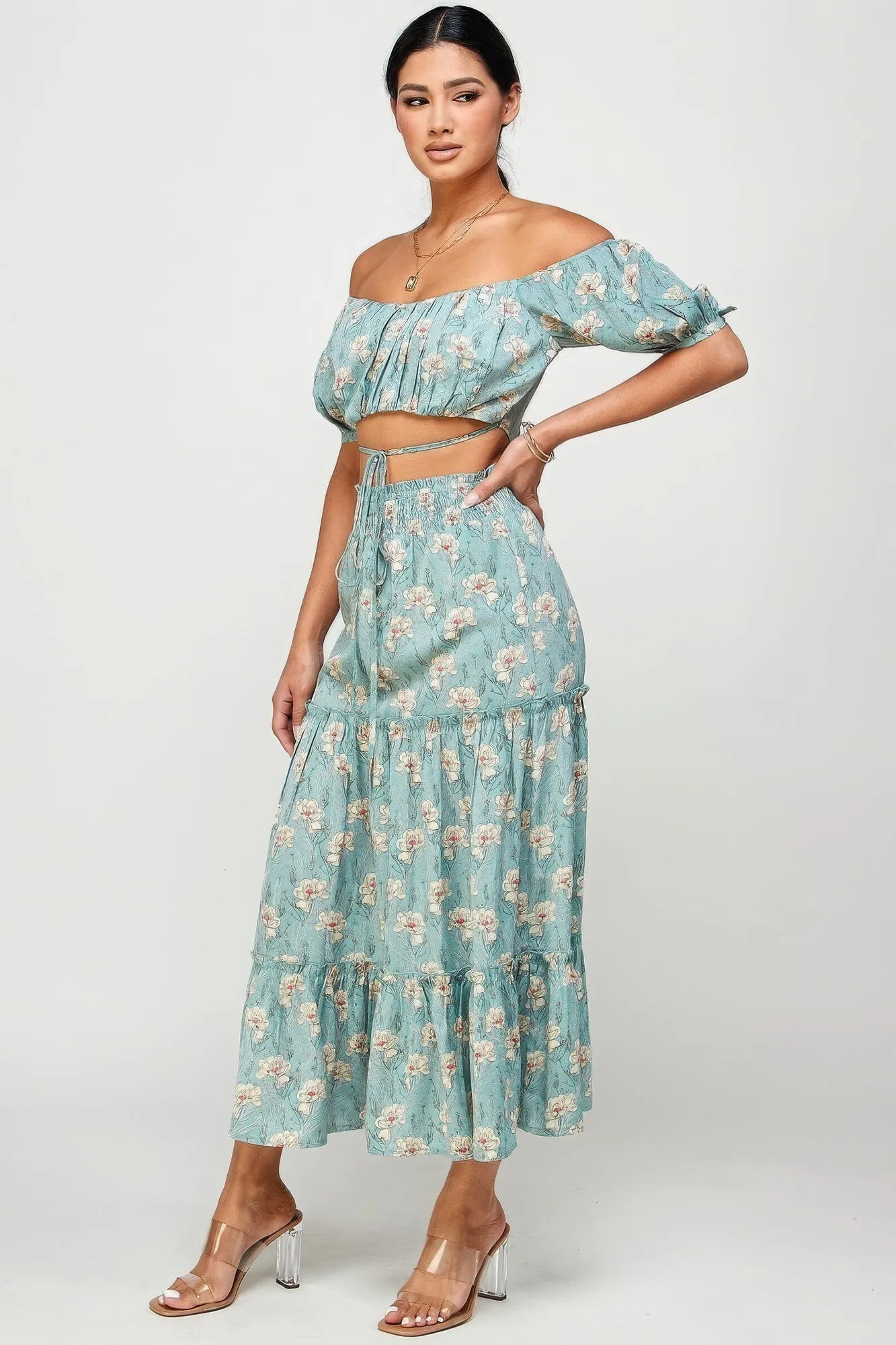 Floral Off Shoulder Sleeve Back Tie Top Skirt Outfit Set