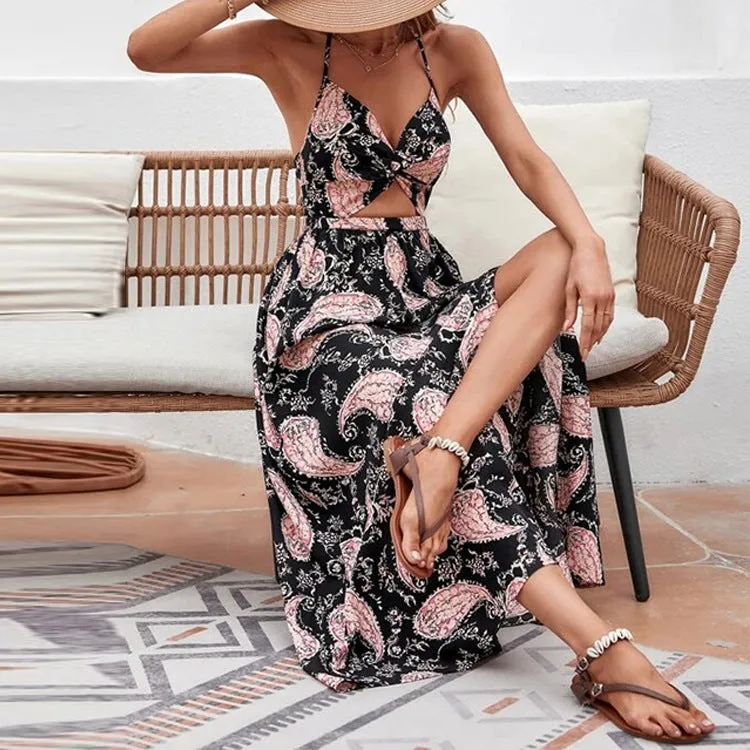 Flume Palm Print Cutout Slit Maxi Dress