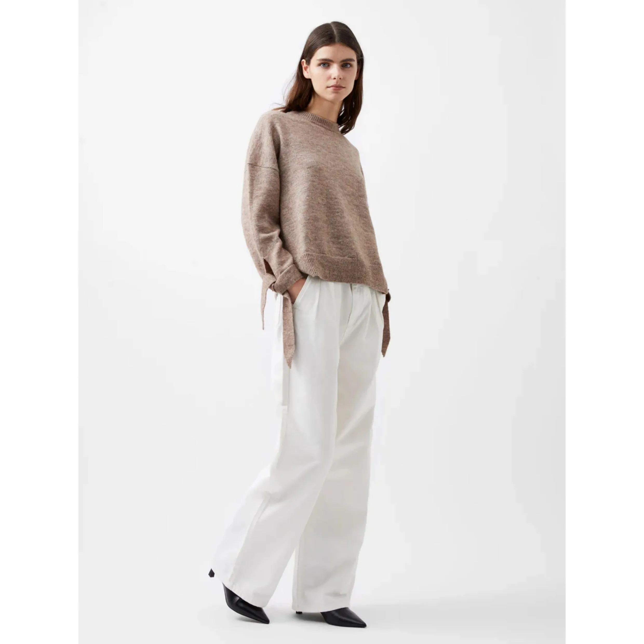 French Connection Kezia TieUp Sleeve Jumper in Taupe Melange 78XFF