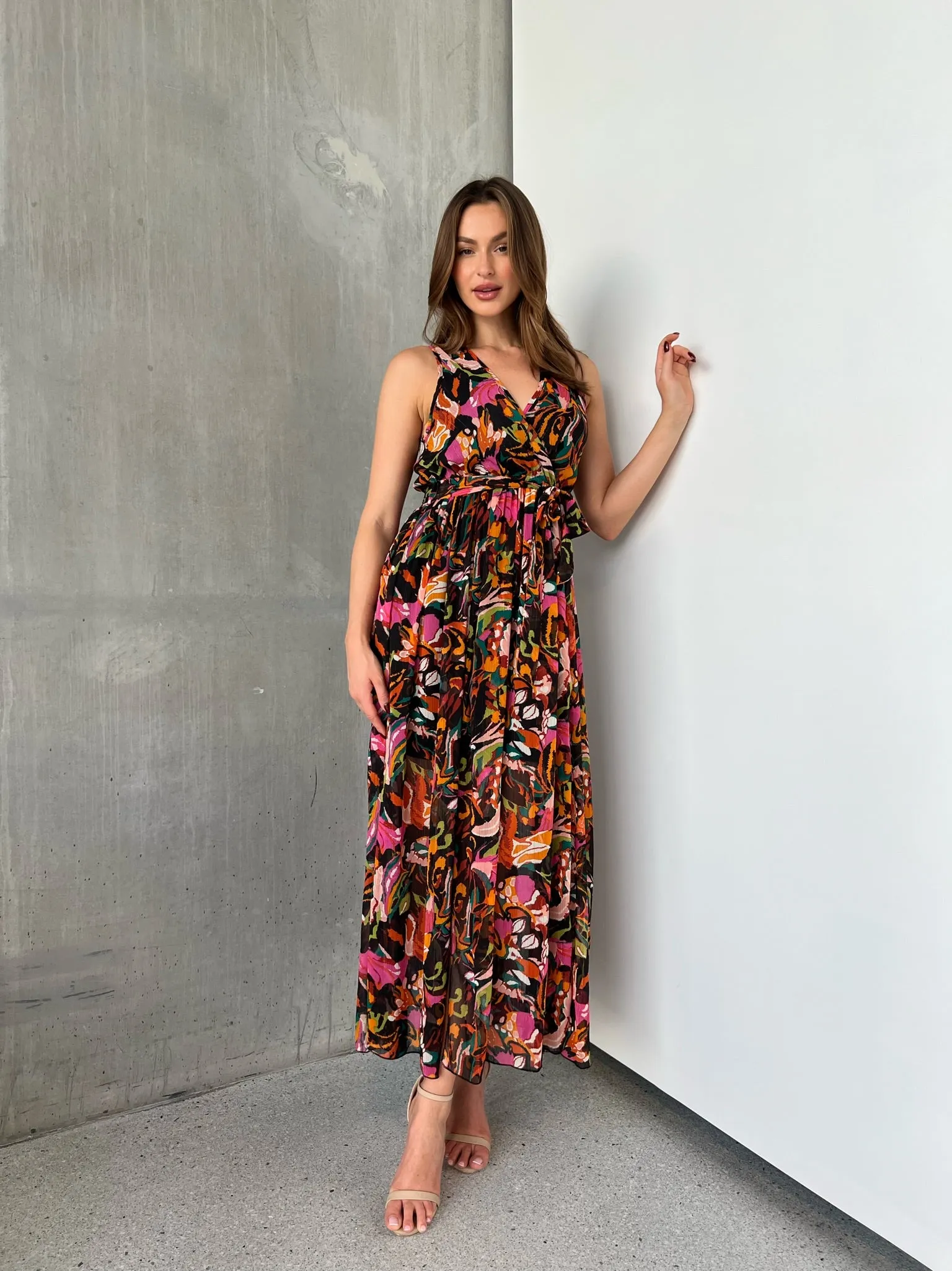 Gillian Black/Rust/Pink Multi Print Maxi Dress