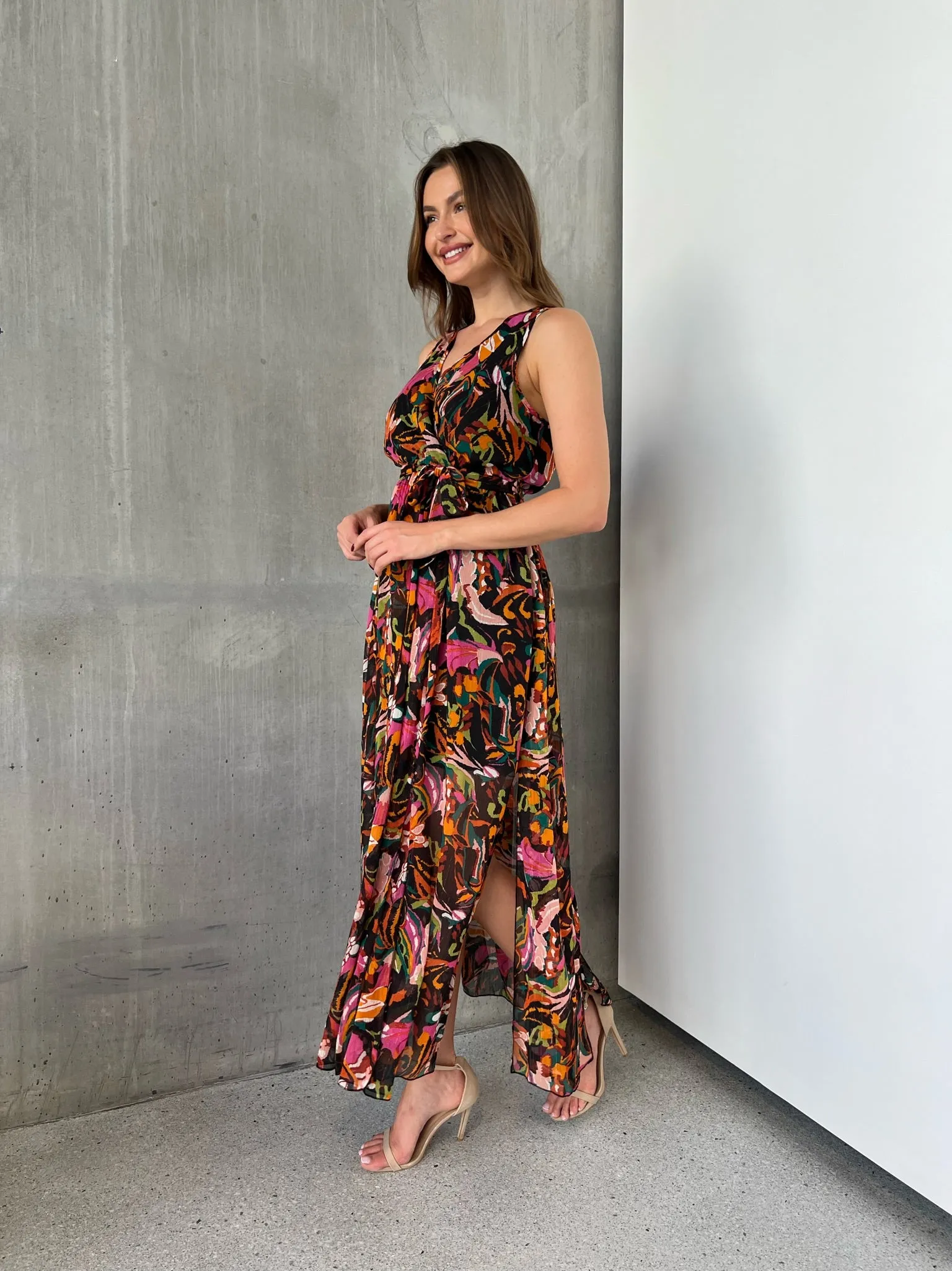 Gillian Black/Rust/Pink Multi Print Maxi Dress