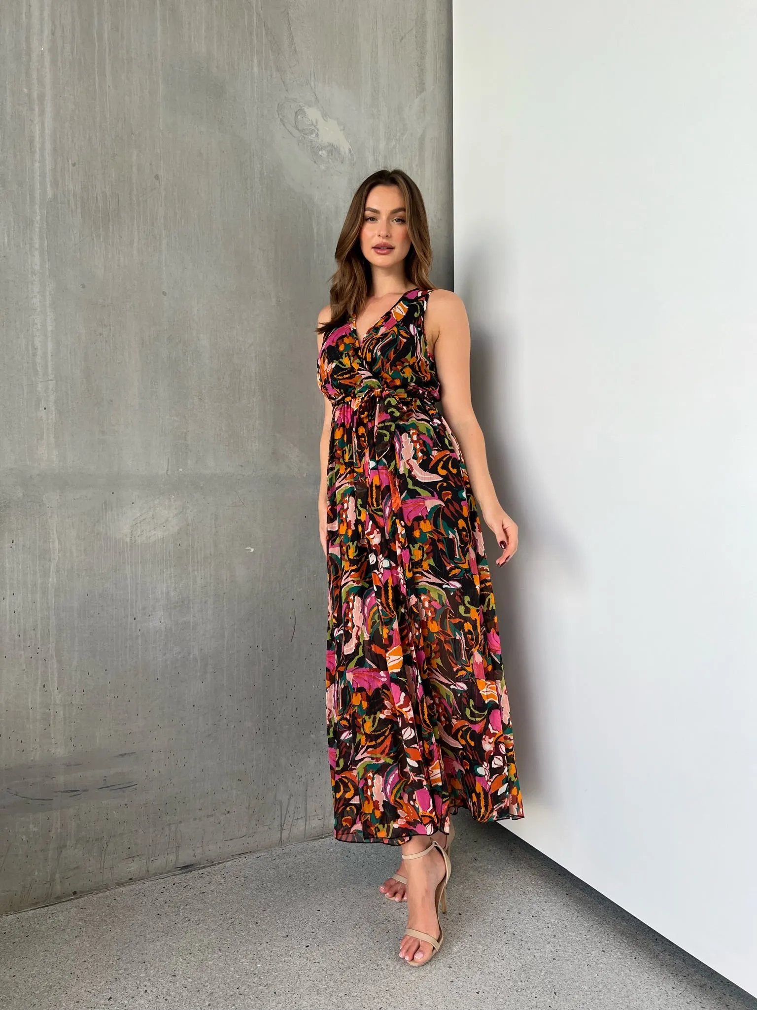 Gillian Black/Rust/Pink Multi Print Maxi Dress