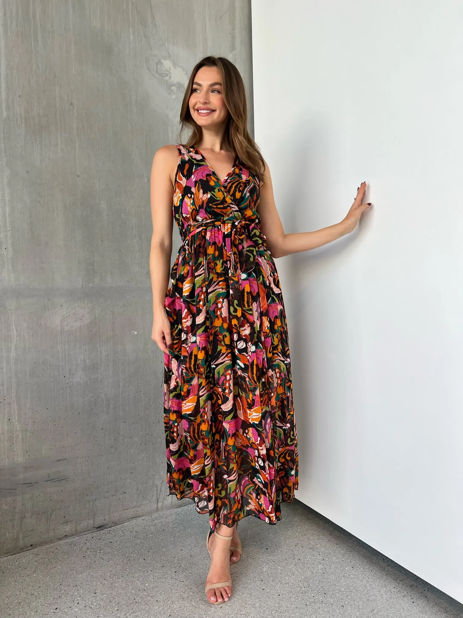 Gillian Black/Rust/Pink Multi Print Maxi Dress