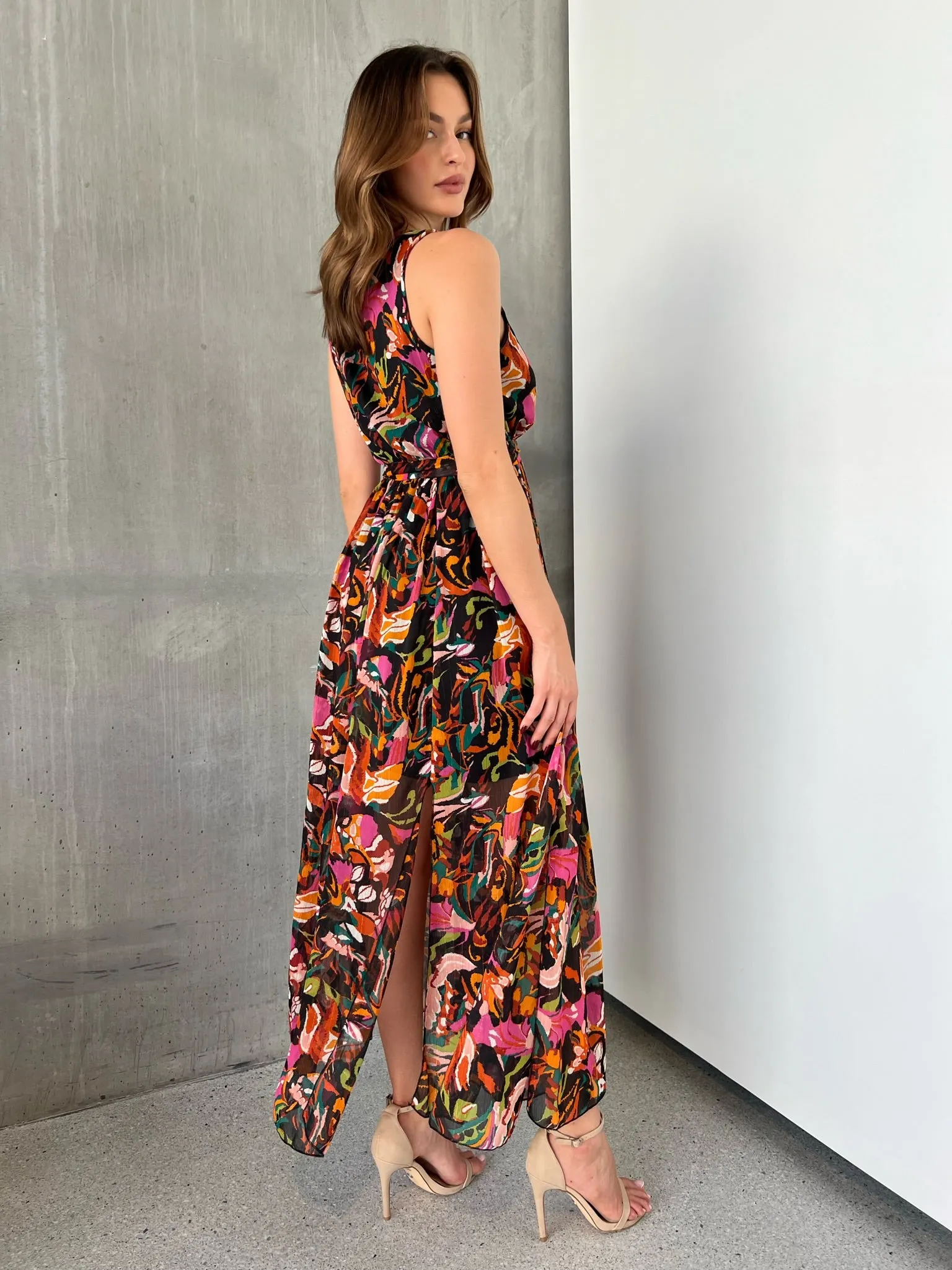 Gillian Black/Rust/Pink Multi Print Maxi Dress