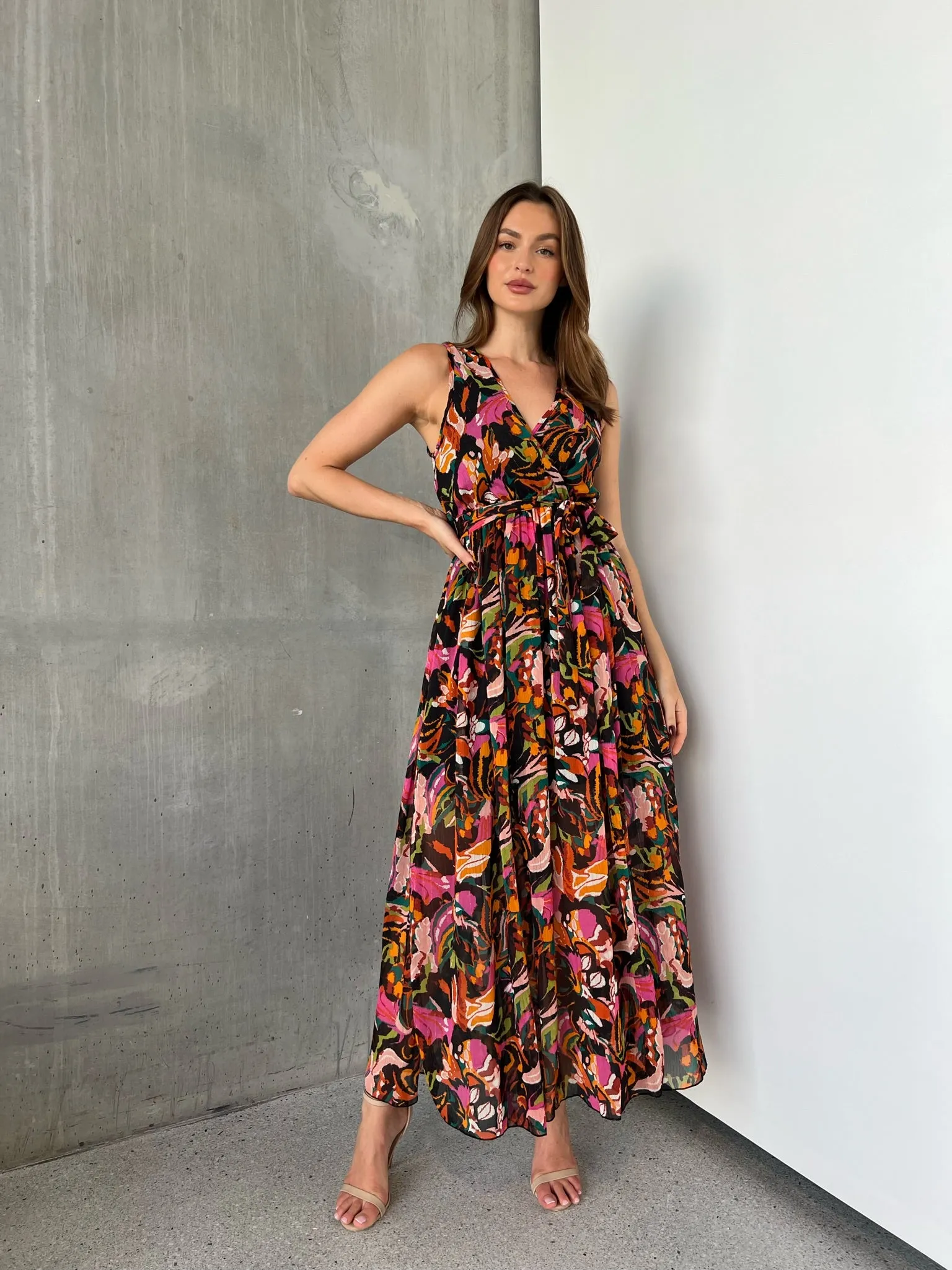 Gillian Black/Rust/Pink Multi Print Maxi Dress