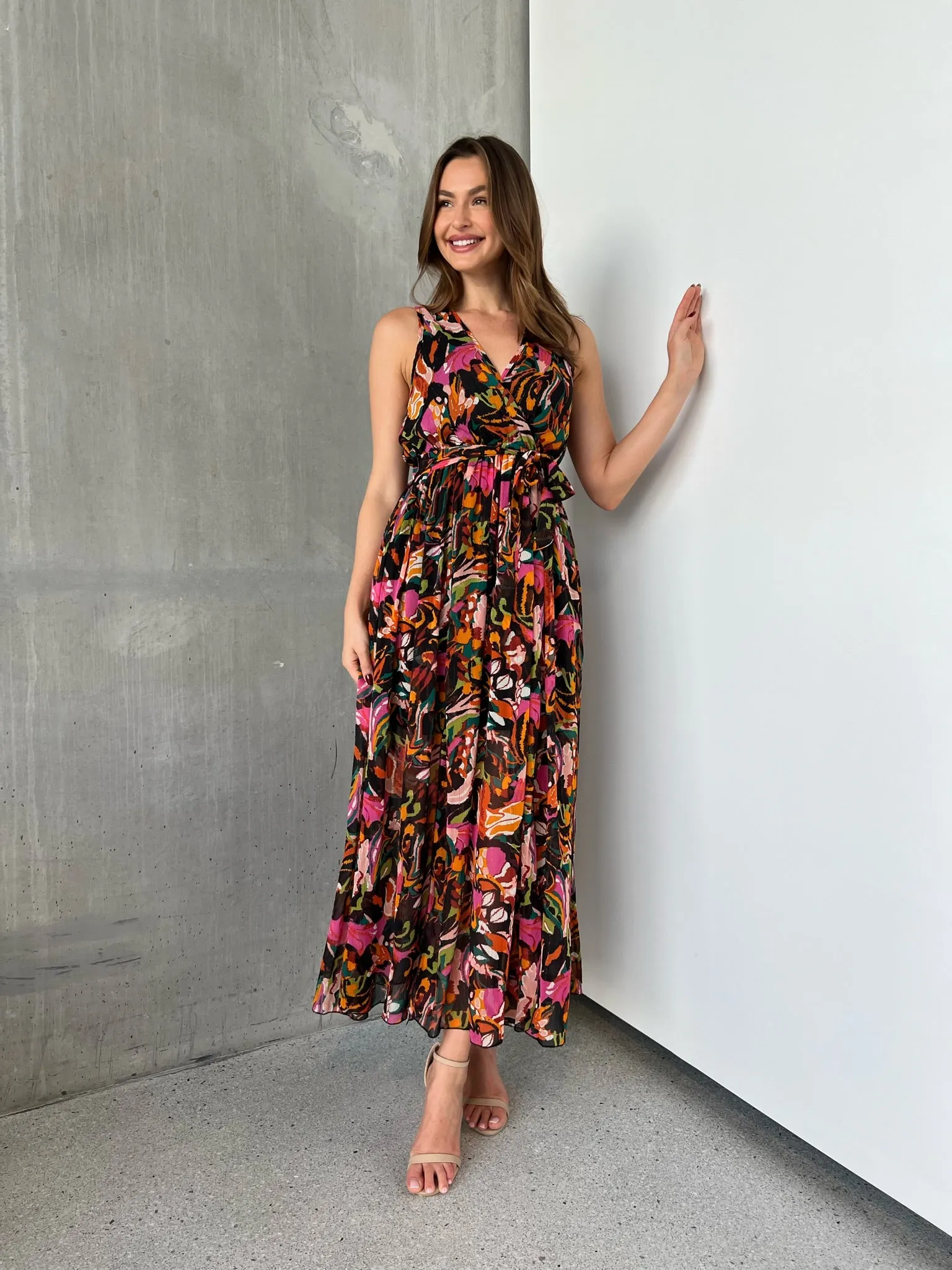 Gillian Black/Rust/Pink Multi Print Maxi Dress