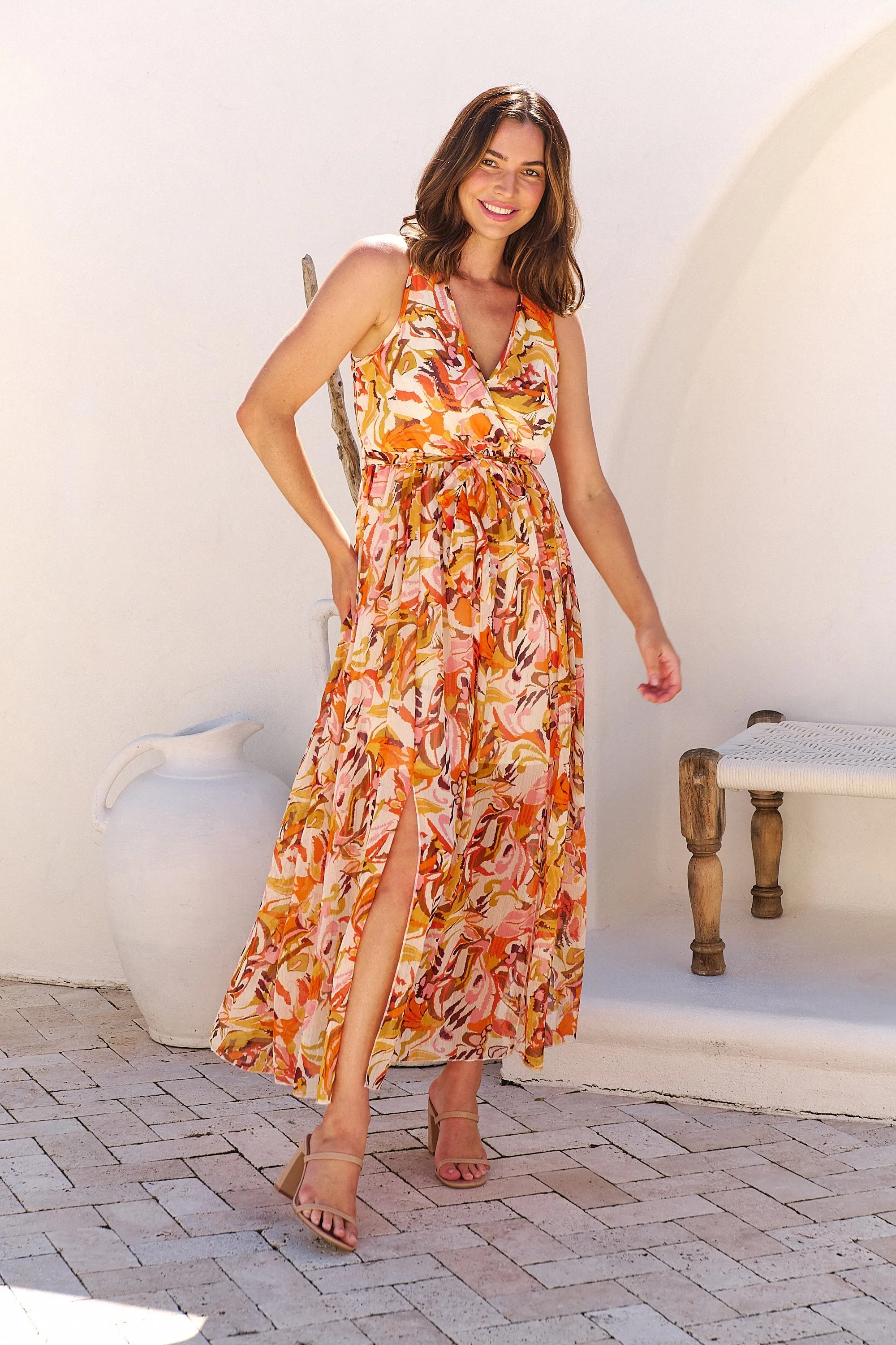 Gillian Orange/Brown/Mustard Print Maxi Dress