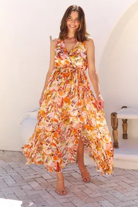 Gillian Orange/Brown/Mustard Print Maxi Dress