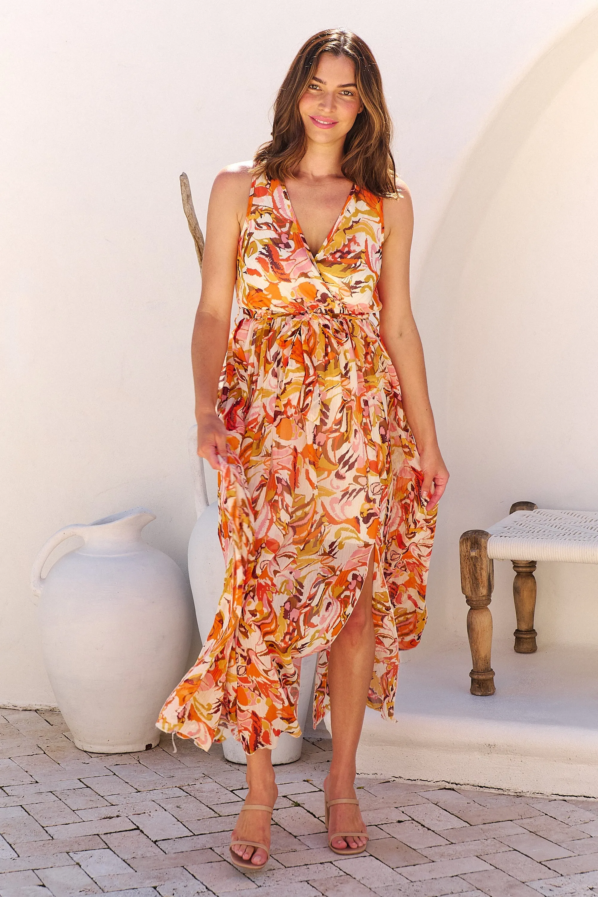 Gillian Orange/Brown/Mustard Print Maxi Dress