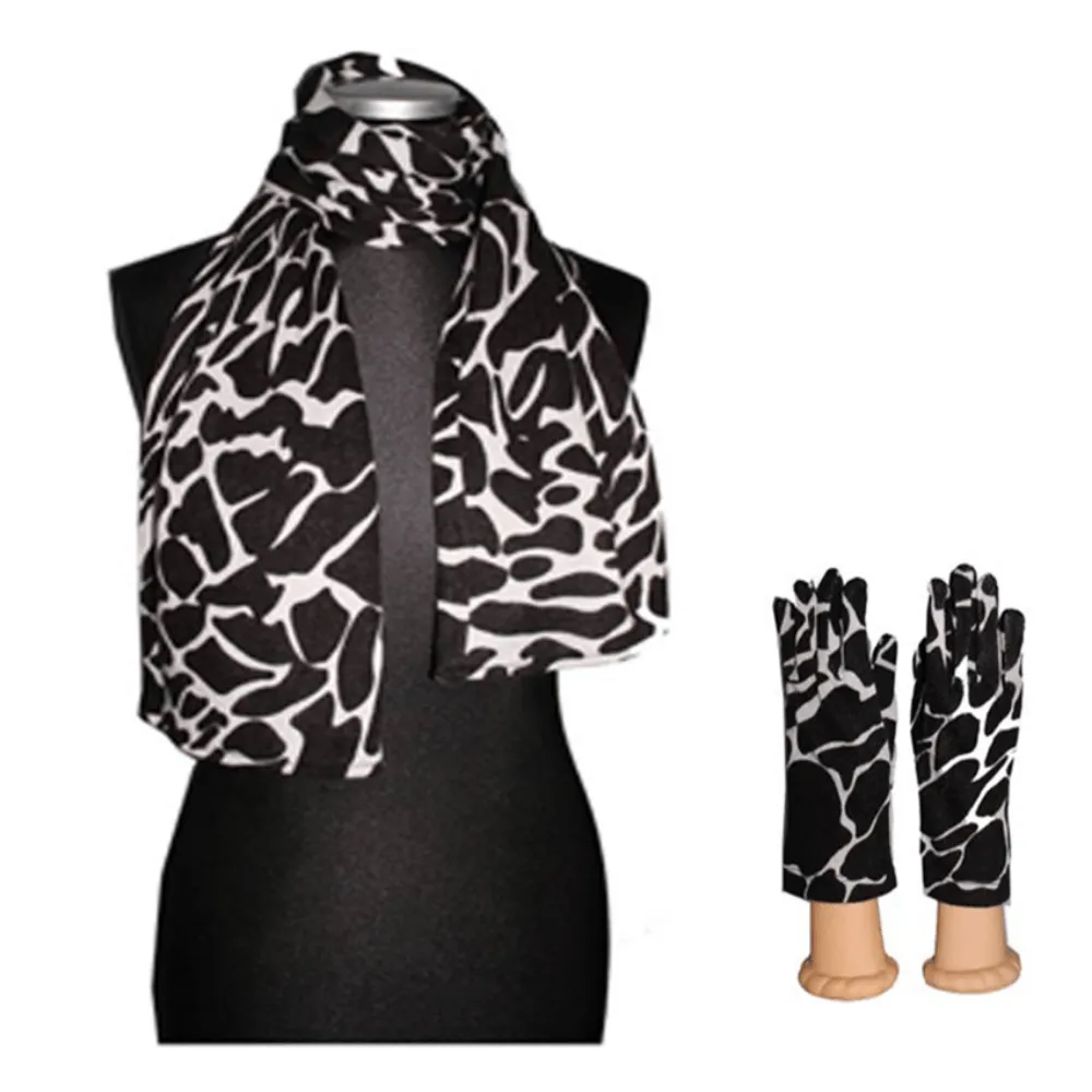 Giraffe Print Scarf and Glove Set-Black/White