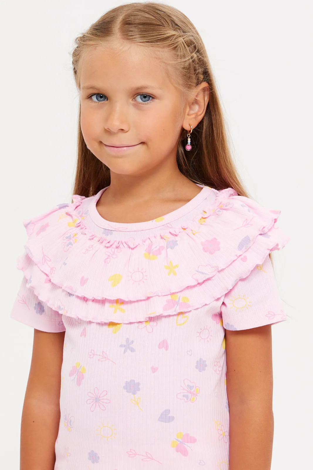 Girls Pink Printed Frills Top