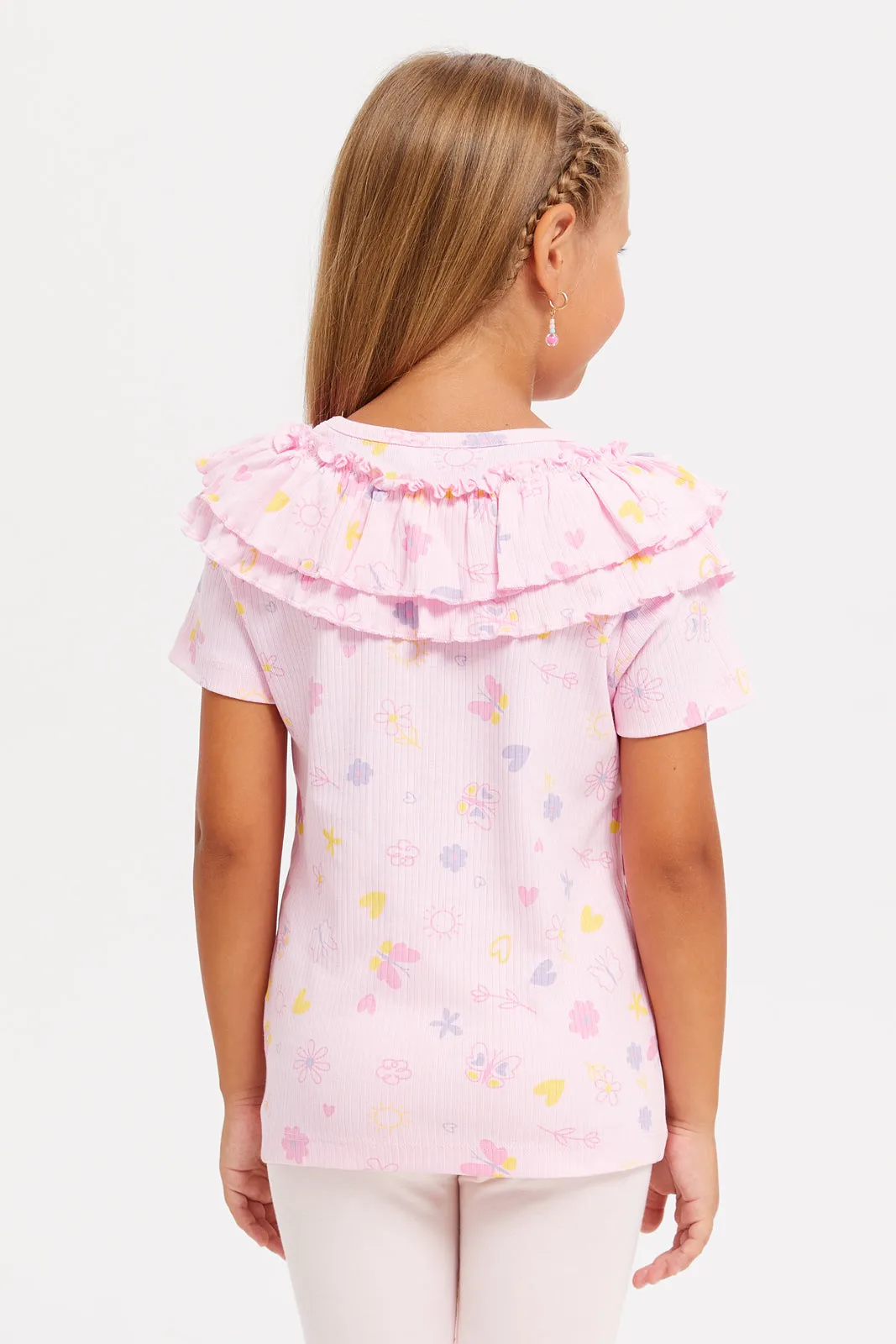 Girls Pink Printed Frills Top