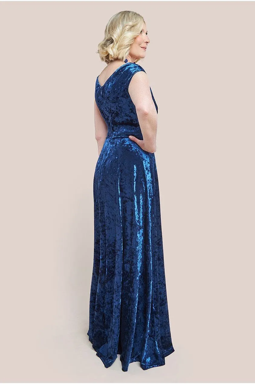 Goddiva Ice Velvet Bardot Wrap Maxi Dress - Navy