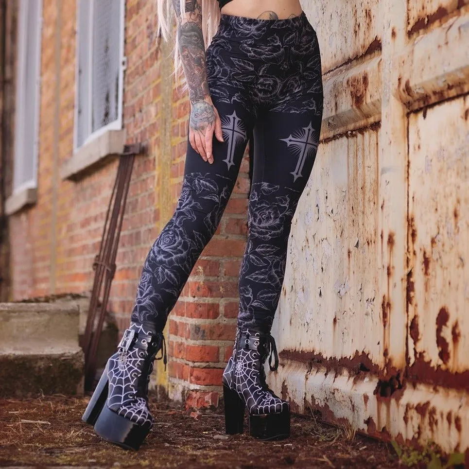 Goth Rose Cross High Waist Leggings