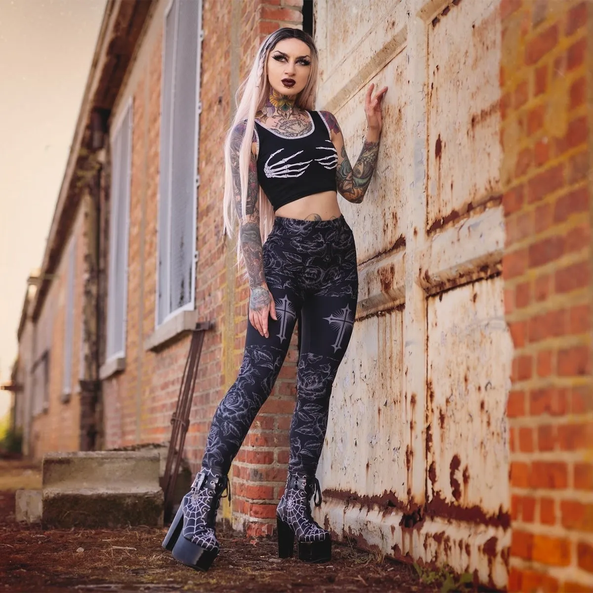 Goth Rose Cross High Waist Leggings