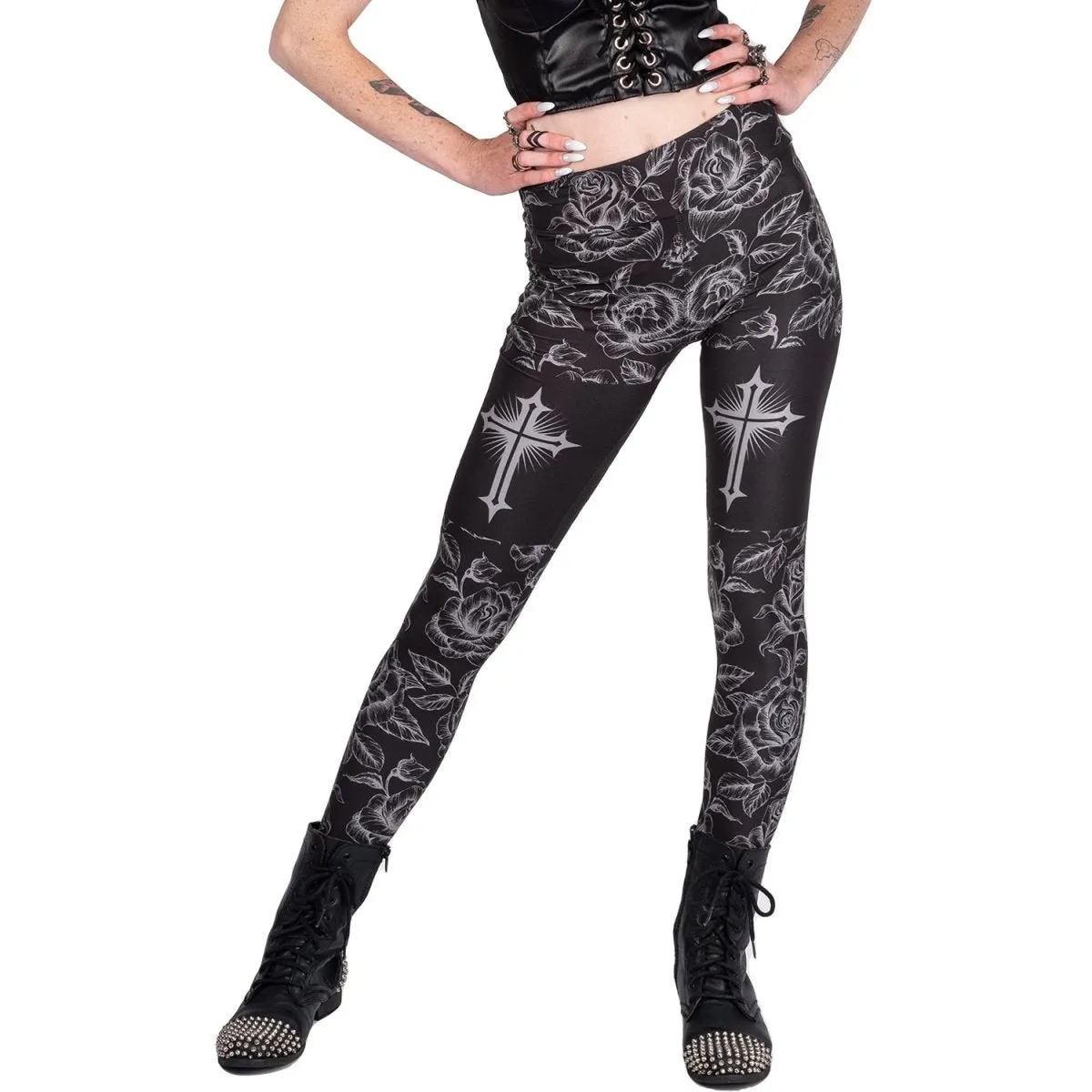 Goth Rose Cross High Waist Leggings