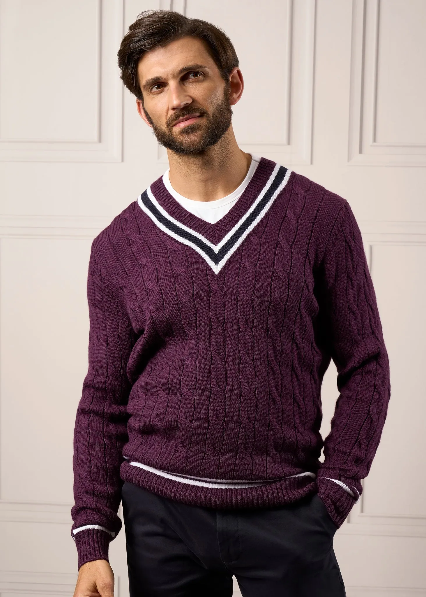 Grafton Men's Merino Wool Cable Cricket Jumper In Black Grape - Regular Fit