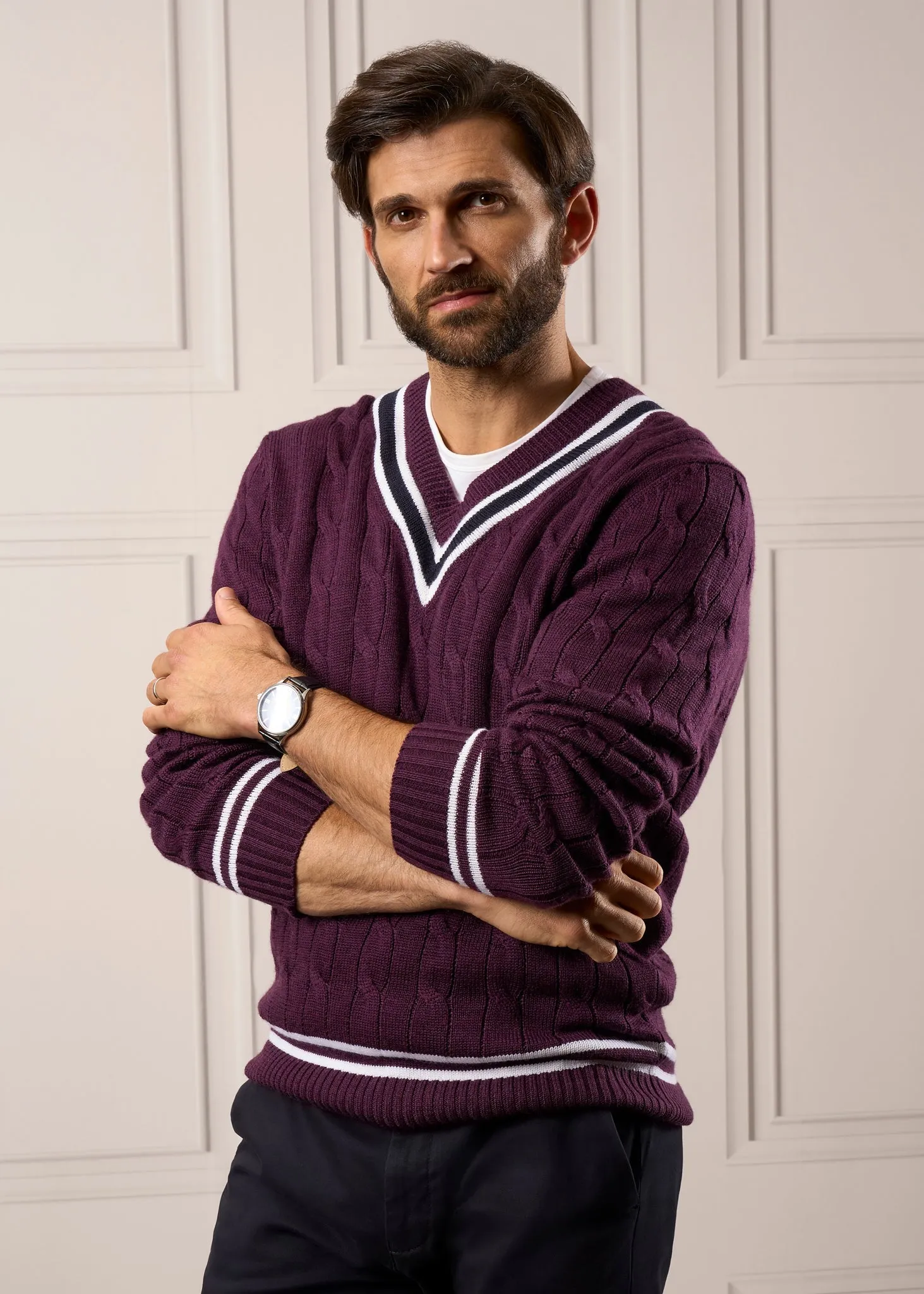 Grafton Men's Merino Wool Cable Cricket Jumper In Black Grape - Regular Fit