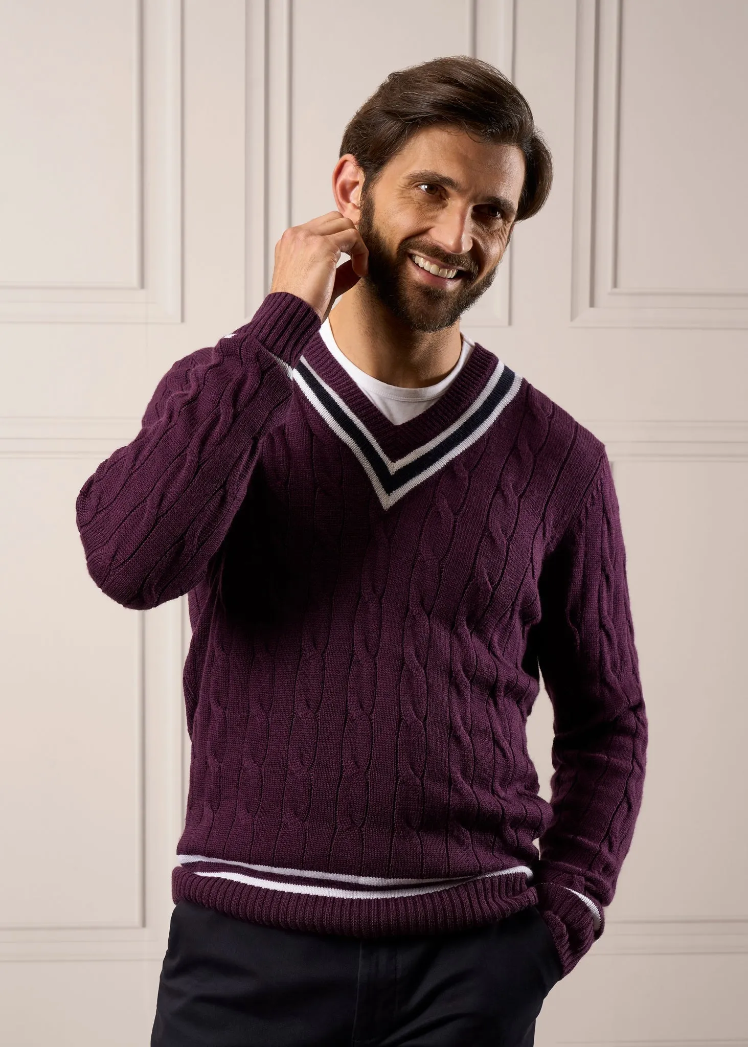 Grafton Men's Merino Wool Cable Cricket Jumper In Black Grape - Regular Fit