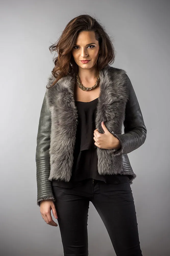 Gray Lamb Nappa Leather Jacket with Merino Fur Collar