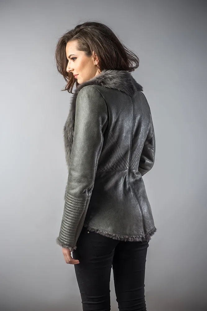 Gray Lamb Nappa Leather Jacket with Merino Fur Collar