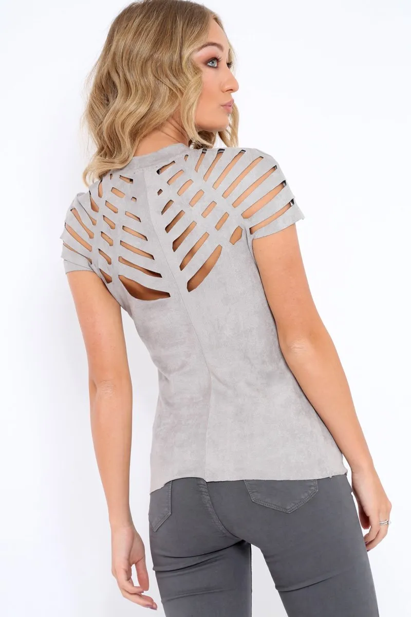 Grey Laser Cut Suedette Top - Abbie