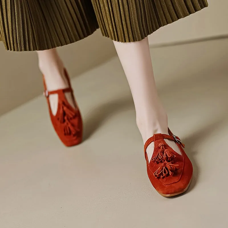 Handmade Leather T strap Mary Jane Shoes with Tassels Detail Square Toe in Red/Black