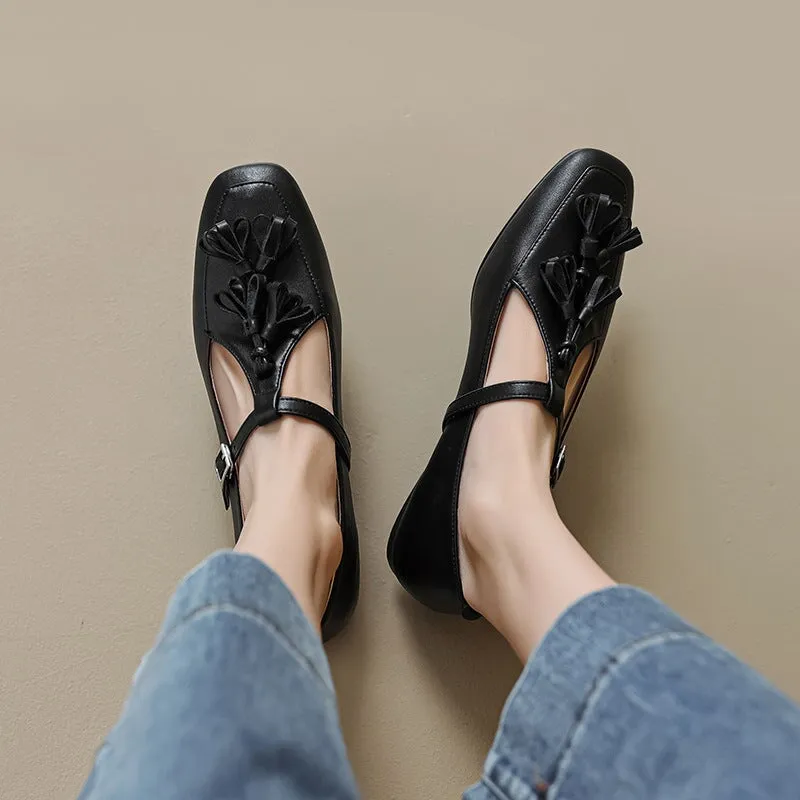 Handmade Leather T strap Mary Jane Shoes with Tassels Detail Square Toe in Red/Black