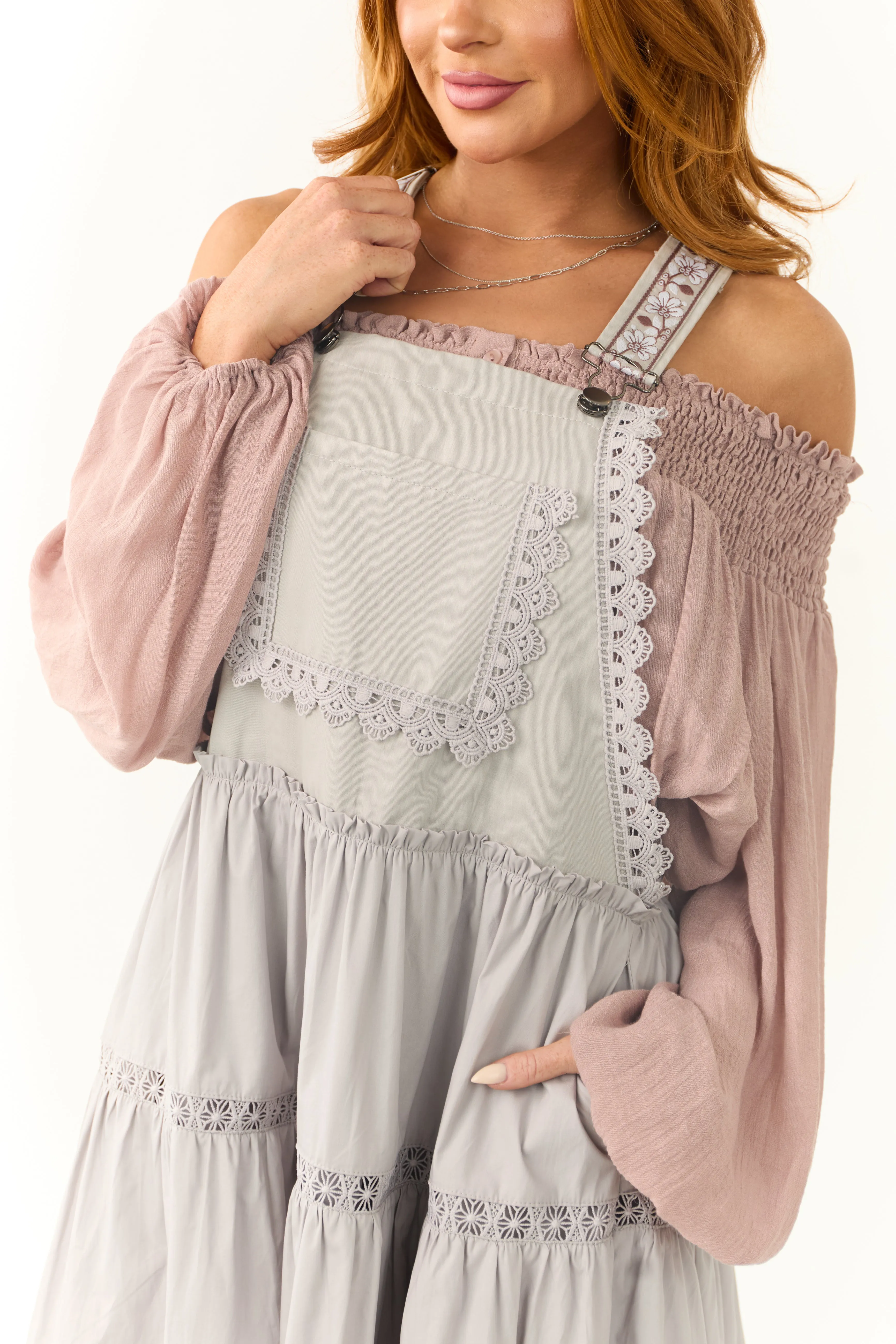 Heather Grey Lace Tiered Overalls Maxi Dress