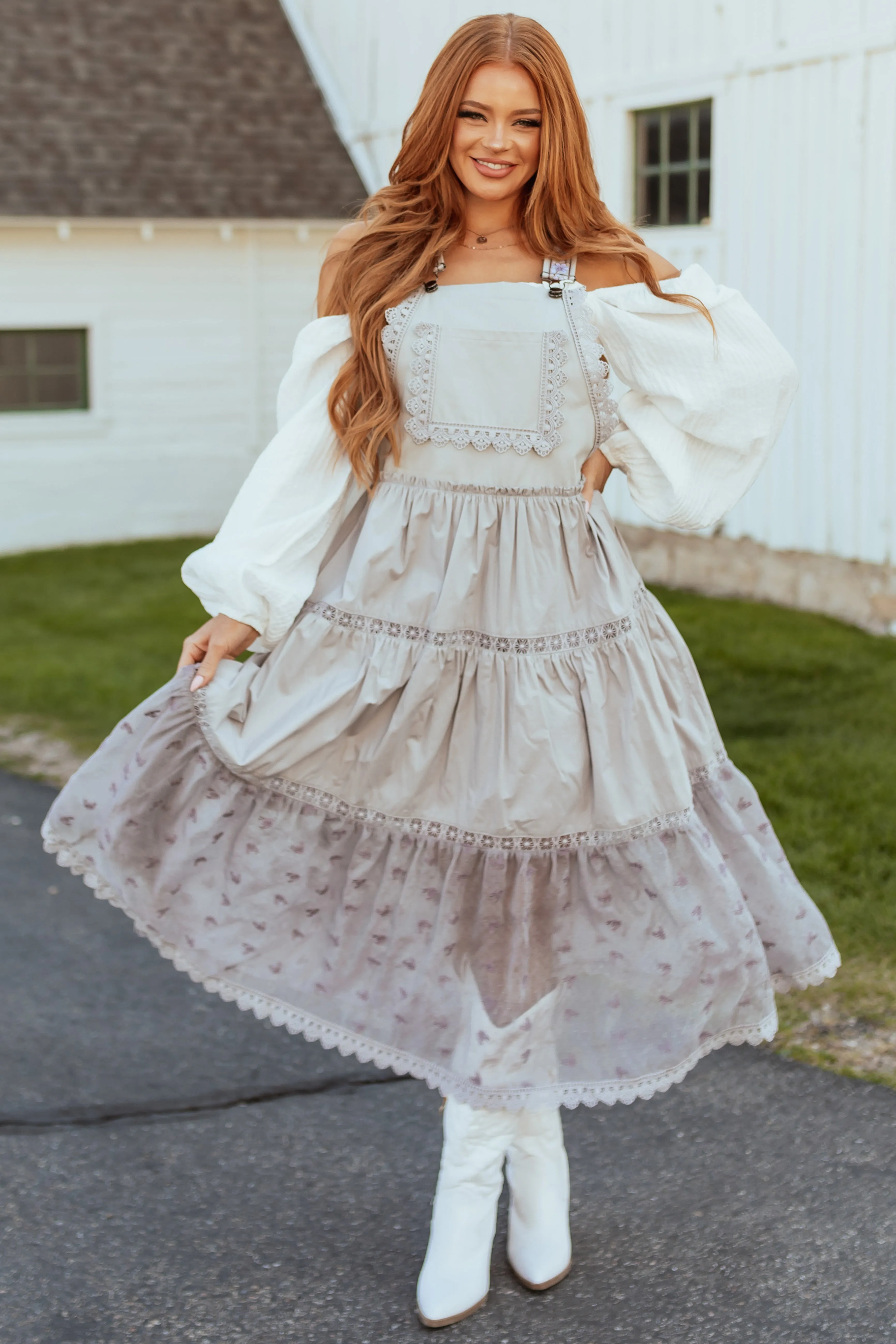 Heather Grey Lace Tiered Overalls Maxi Dress