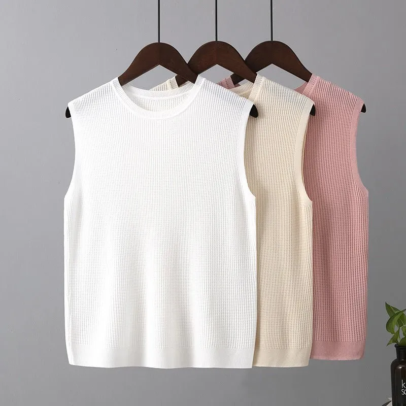 Ice silk camisole vest for sleeveless wide shoulder inner wear bottom knitted round neck top