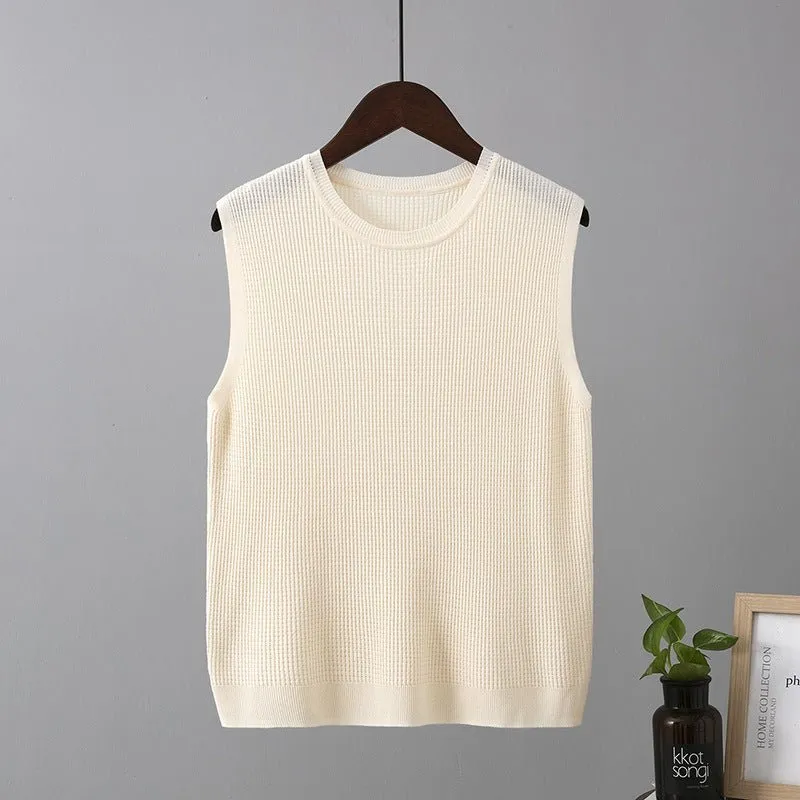 Ice silk camisole vest for sleeveless wide shoulder inner wear bottom knitted round neck top