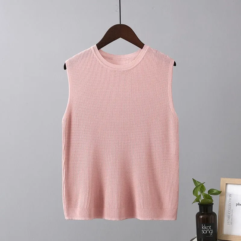 Ice silk camisole vest for sleeveless wide shoulder inner wear bottom knitted round neck top