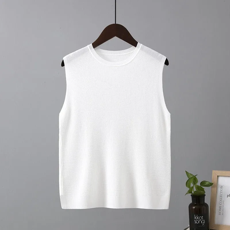 Ice silk camisole vest for sleeveless wide shoulder inner wear bottom knitted round neck top