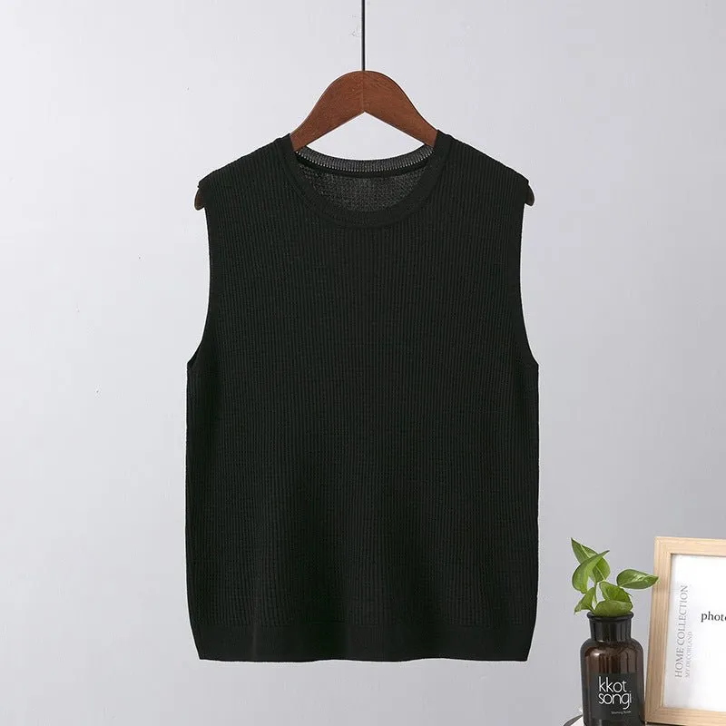 Ice silk camisole vest for sleeveless wide shoulder inner wear bottom knitted round neck top