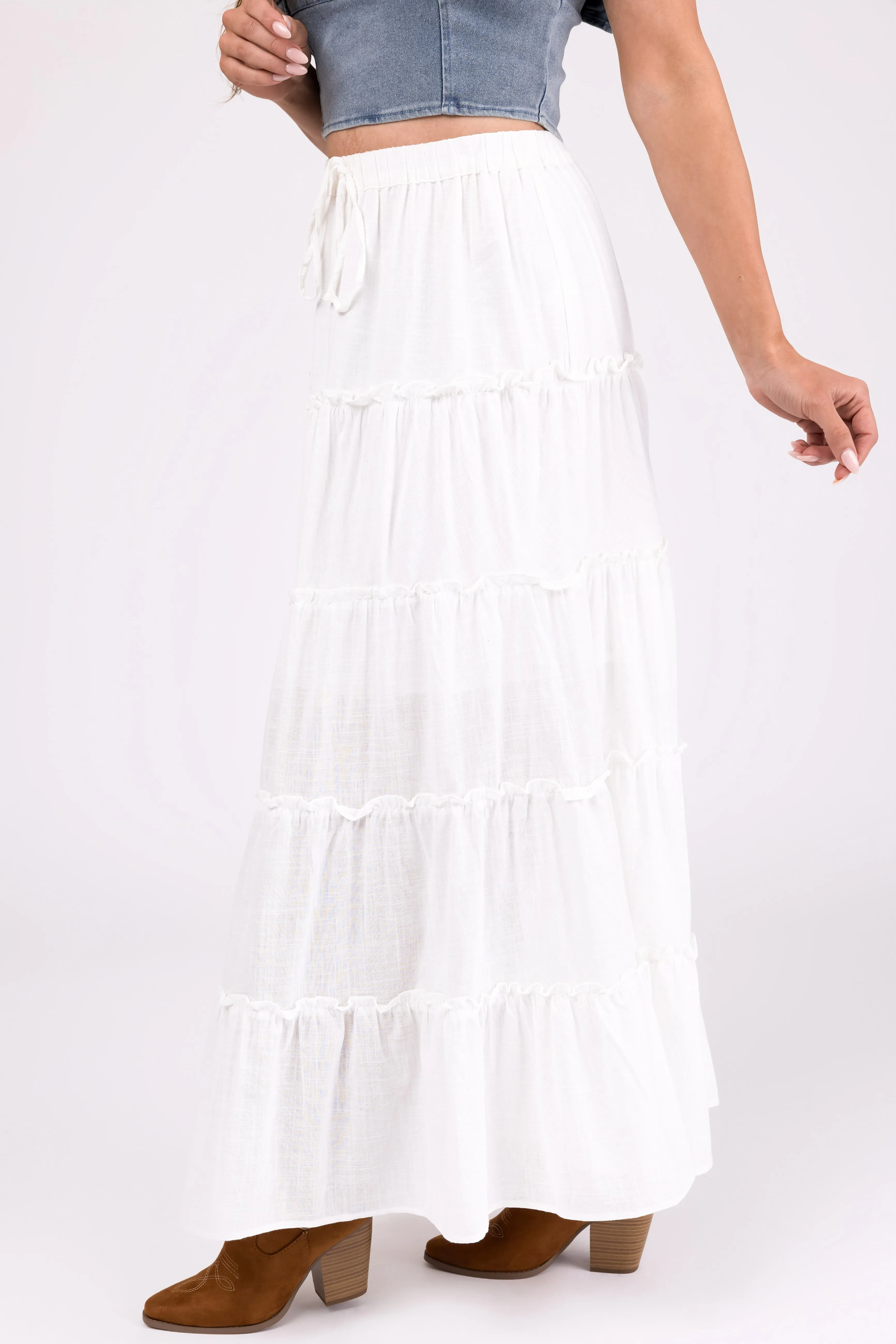 Ivory Tiered Frill Detail Drawstring Maxi Skirt