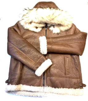 Kashani Men's Chocolate Brown Shearling Fox Hooded Bomber Jacket