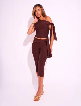 Knot Detail Tie Side Luxe Slinky Capri Pants Chocolate