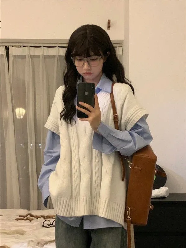 Lanfubeisi outfit inspo fall Two-Piece College Style Long Sleeve Blue Shirt   White V-neck Stacked Twist Knitted Vest for Female Students