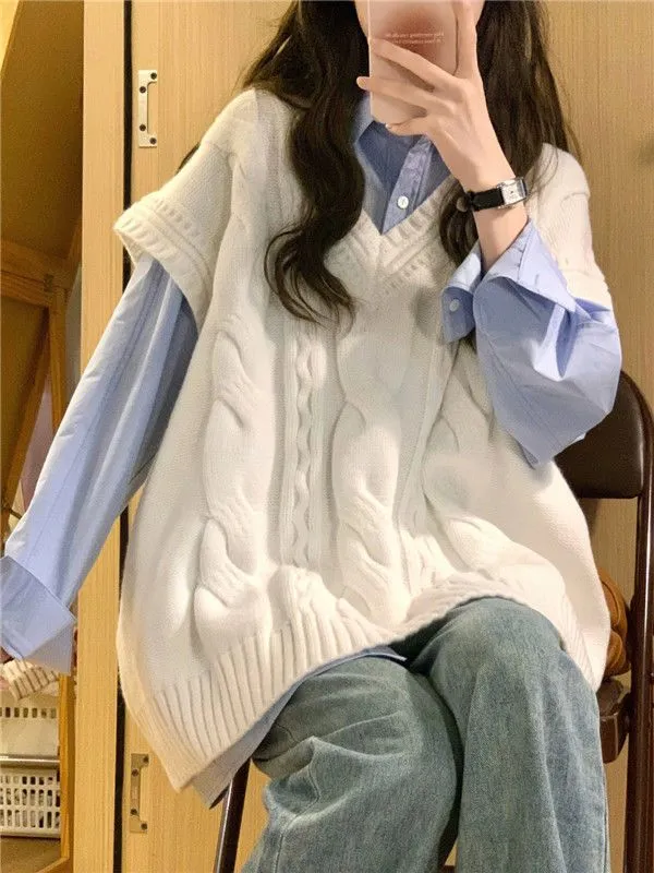 Lanfubeisi outfit inspo fall Two-Piece College Style Long Sleeve Blue Shirt   White V-neck Stacked Twist Knitted Vest for Female Students