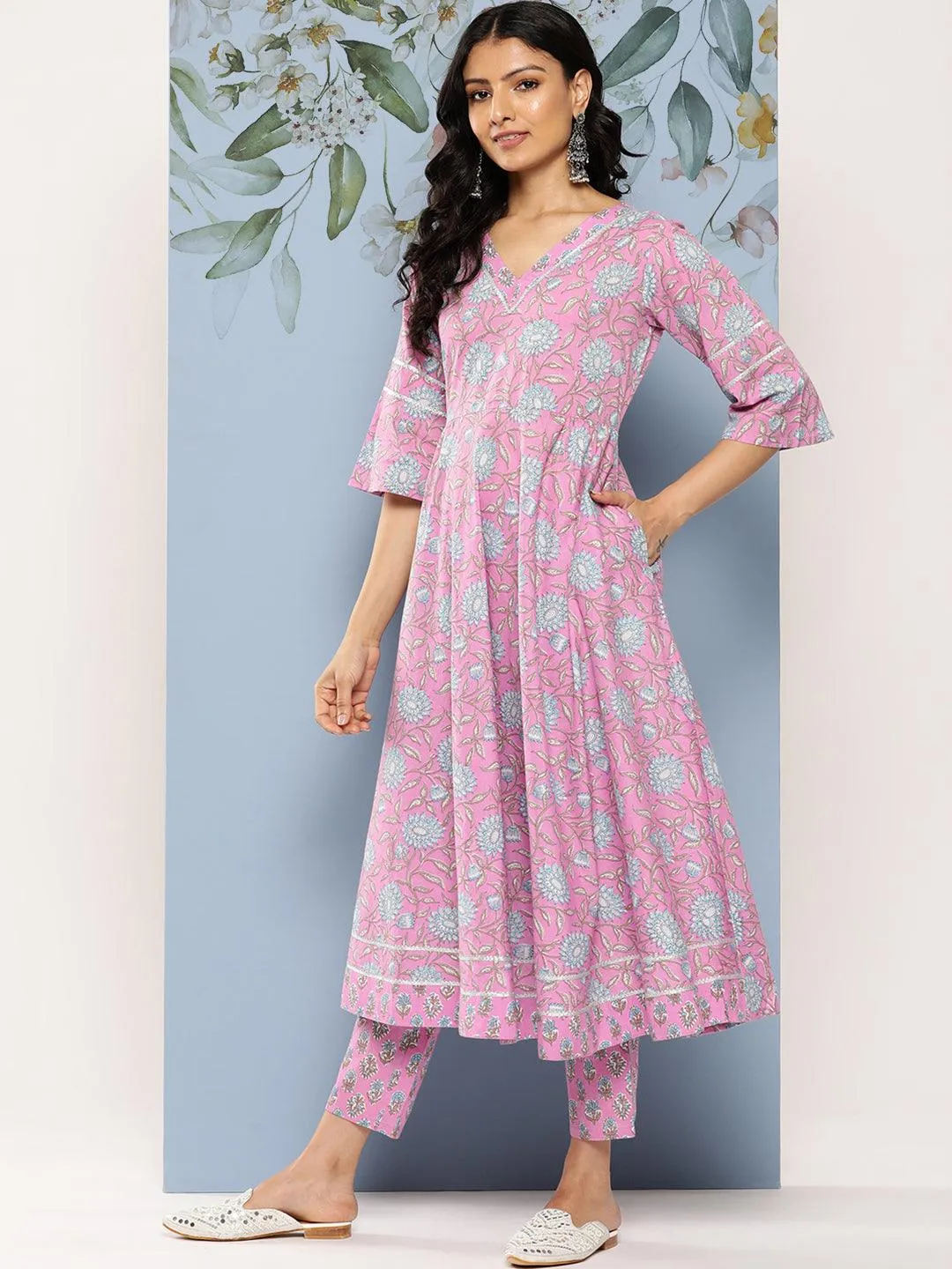 Lavender Printed Cotton Anarkali Kurta With Trousers