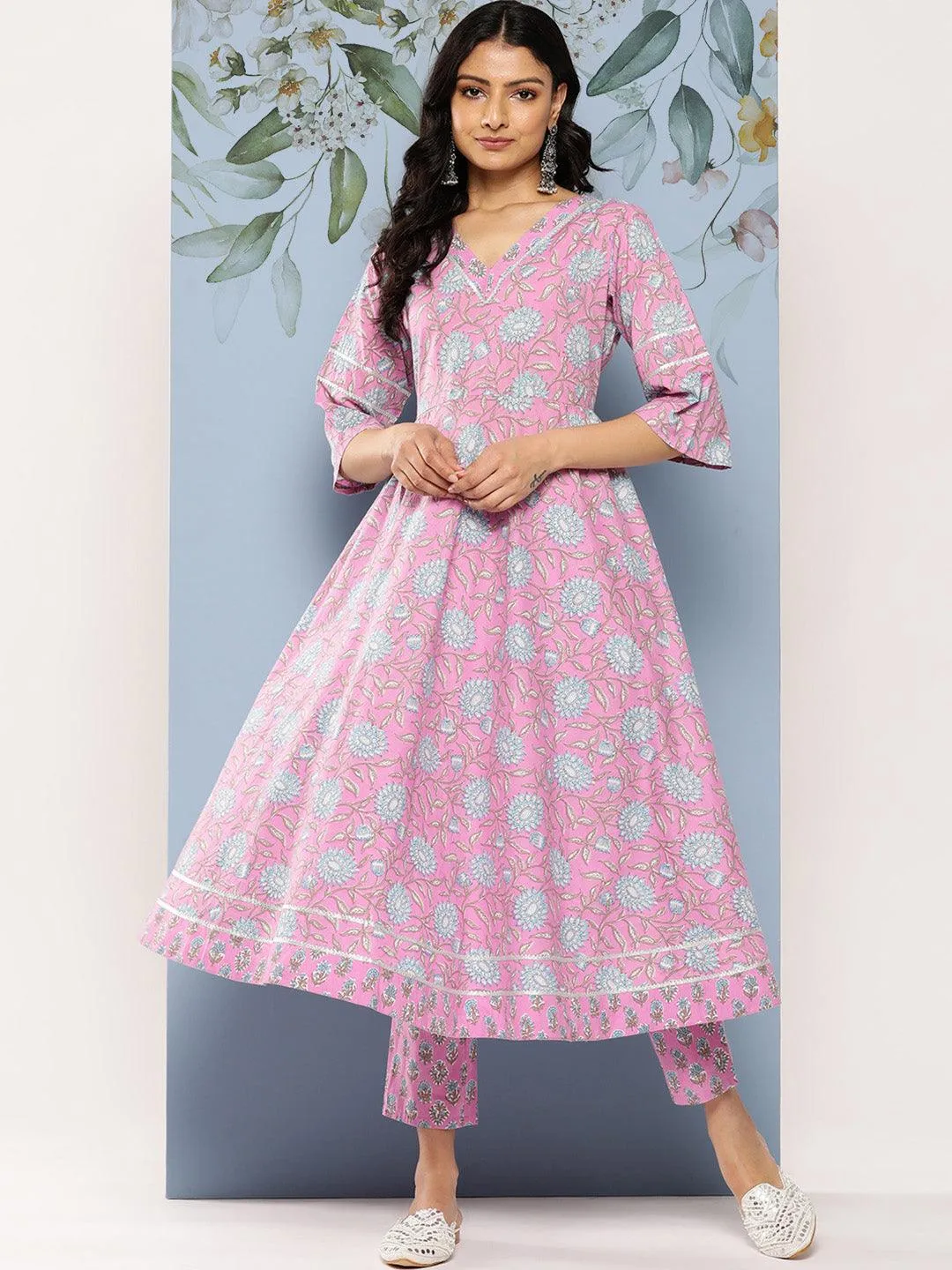 Lavender Printed Cotton Anarkali Kurta With Trousers