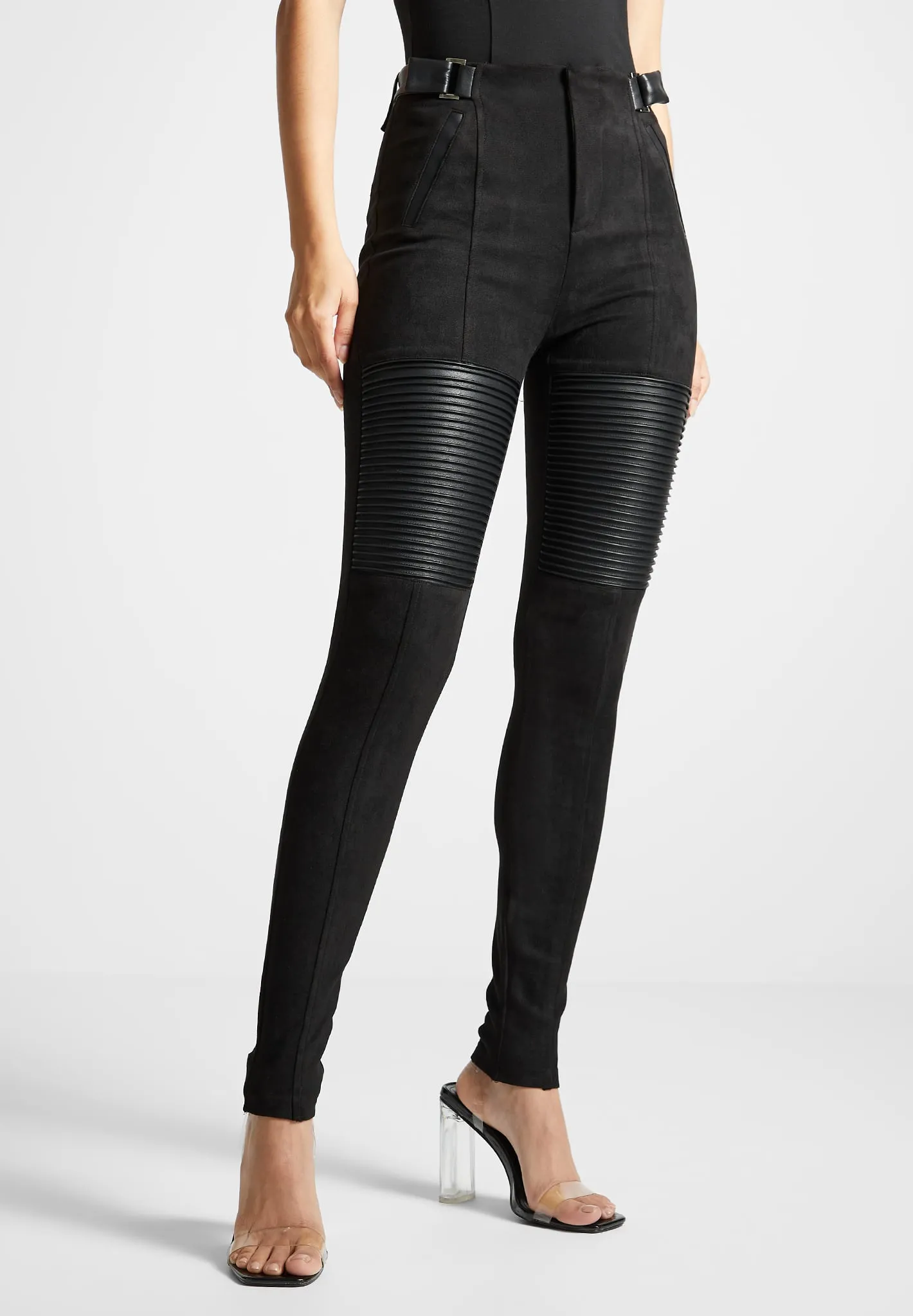 Leather and Suede Ribbed Leggings - Black