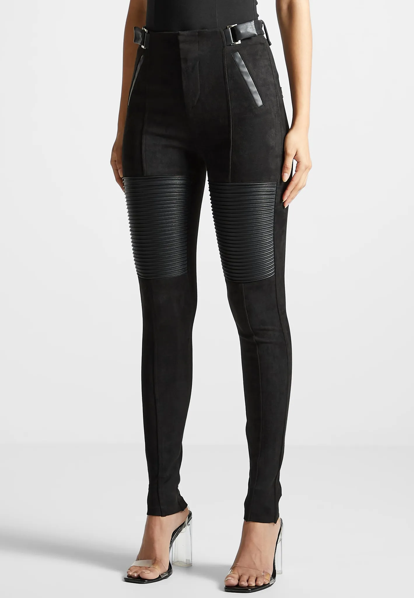 Leather and Suede Ribbed Leggings - Black