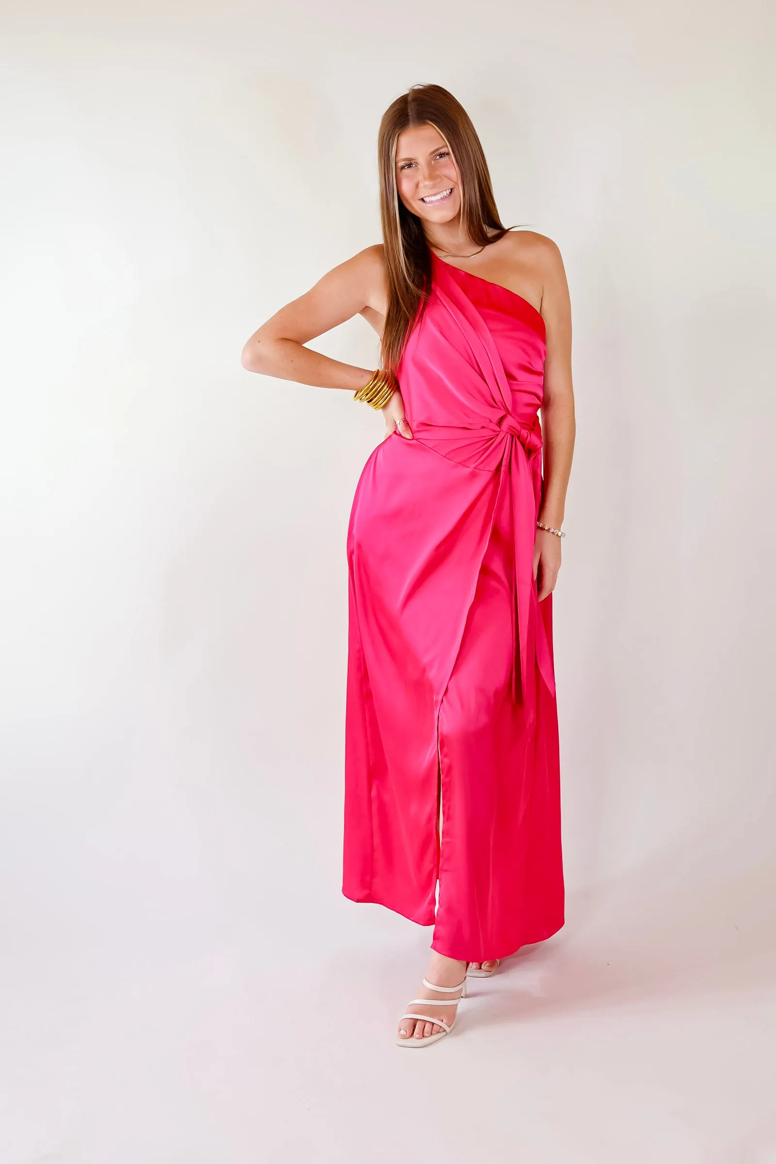 Luxury Glam One Shoulder Slit Dress in Fuschia Pink