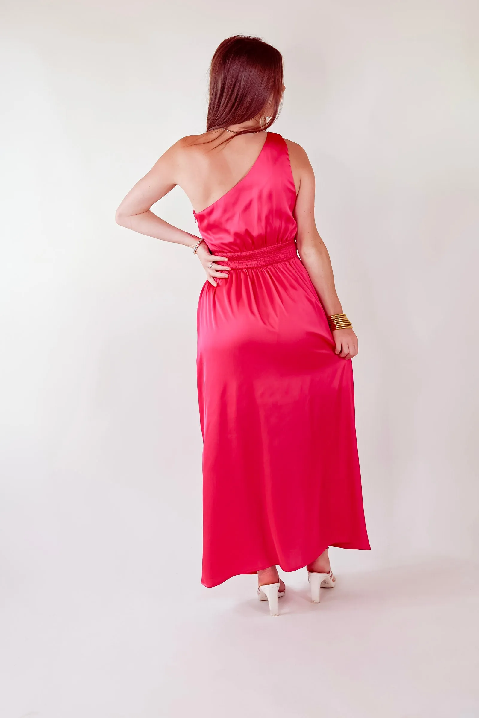 Luxury Glam One Shoulder Slit Dress in Fuschia Pink